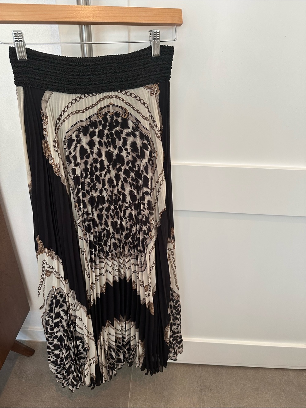 Loyd Ford Pleated Animal-Print Maxi Skirt in Black and Cream.